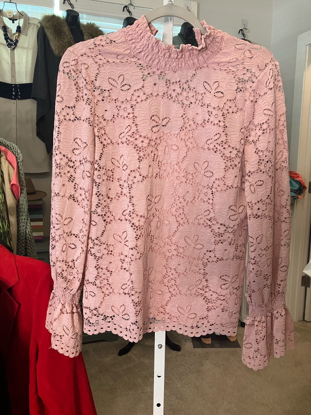 Adrianna Papell 2 piece Dusty Pink Lace Smocked-Neck Long Sleeve Blouse & tank